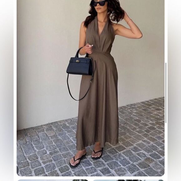 ZARA LINEN BLEND KHAKI HALTER NECK MIDI DRESS blogger’s favorite size large - Picture 2 of 16